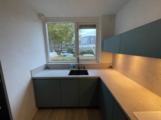 Moderne keuken met groene kasten, een spoelbak en veel natuurlijk licht.